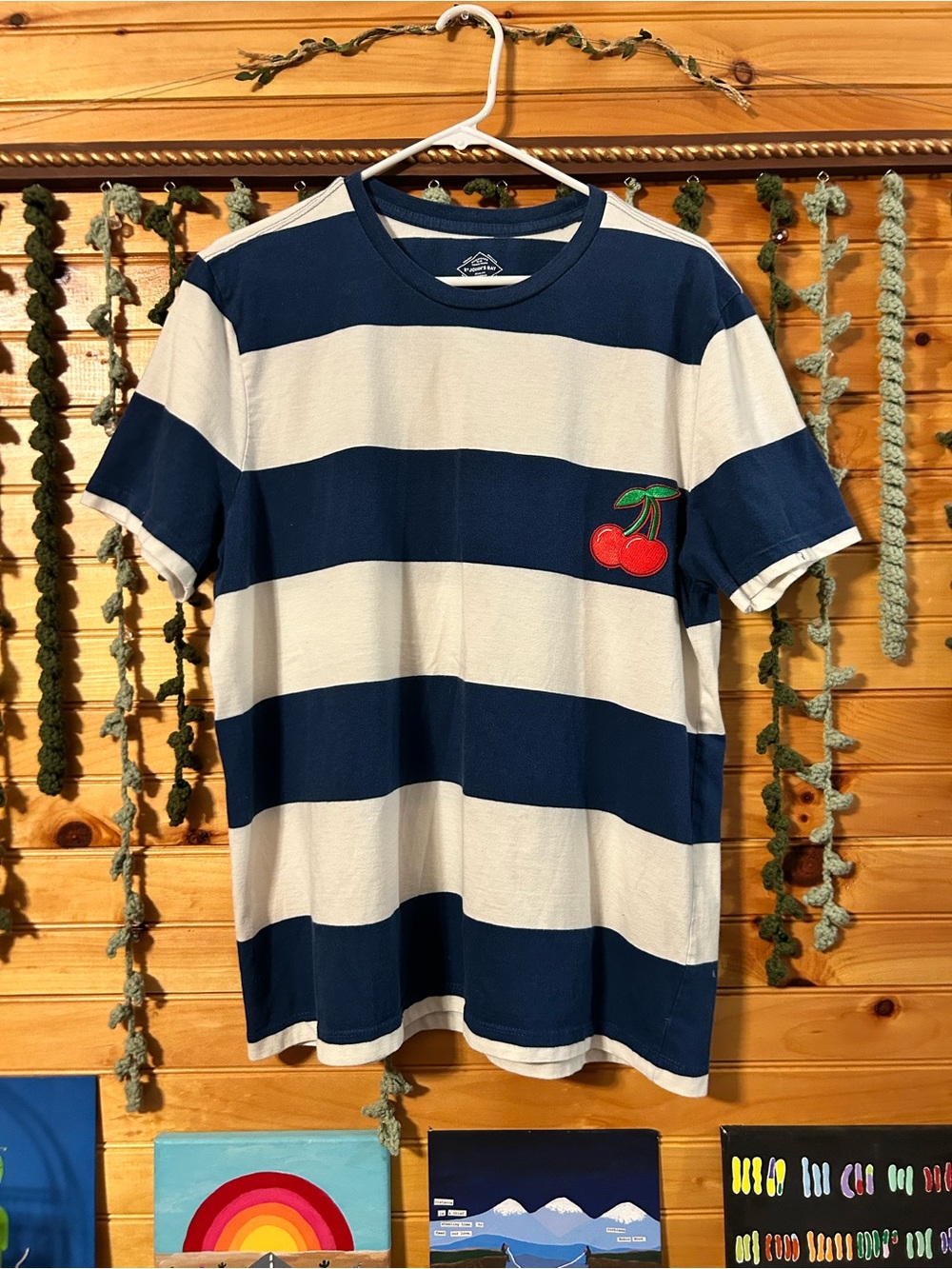 St. John's Bay Navy & White Striped Tee with Cherry Patch